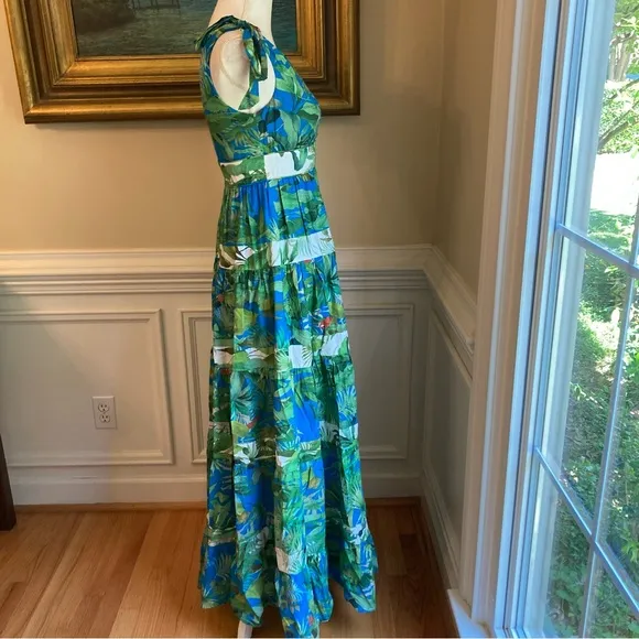 ANTONIO MELANI Talita Green Blue Tropical Animal Bird Print Maxi Dress