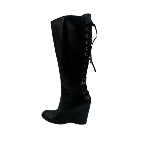 apepazza Black Leather Tall Lace Up Wedge Boots Size 39 Women’s