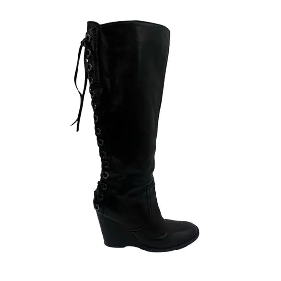 apepazza Black Leather Tall Lace Up Wedge Boots Size 39 Women’s