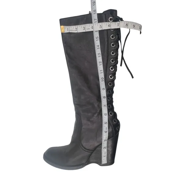 apepazza Black Leather Tall Lace Up Wedge Boots Size 39 Women’s