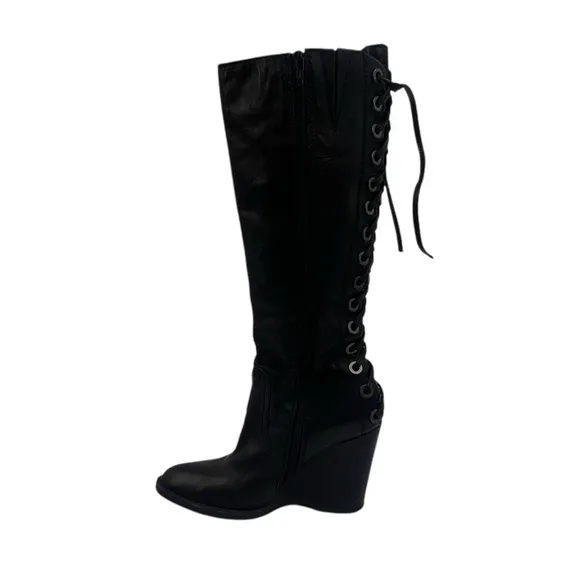 apepazza Black Leather Tall Lace Up Wedge Boots Size 39 Women’s
