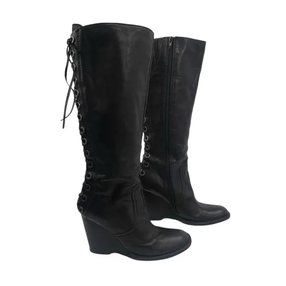 apepazza Black Leather Tall Lace Up Wedge Boots Size 39 Women’s