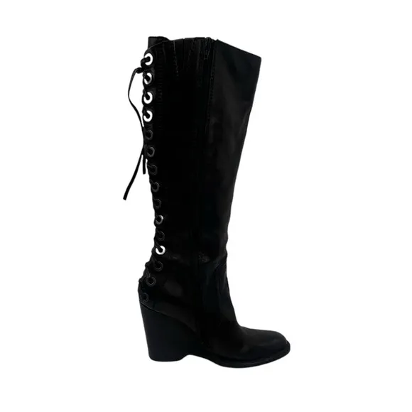 apepazza Black Leather Tall Lace Up Wedge Boots Size 39 Women’s