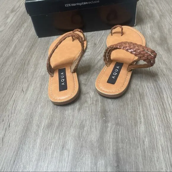 AQUA Women's Brown/Tan Leather Toe Ring Braided Straps Flat Slay Sandals sz 8