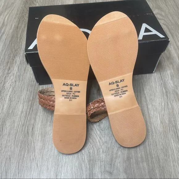 AQUA Women's Brown/Tan Leather Toe Ring Braided Straps Flat Slay Sandals sz 8