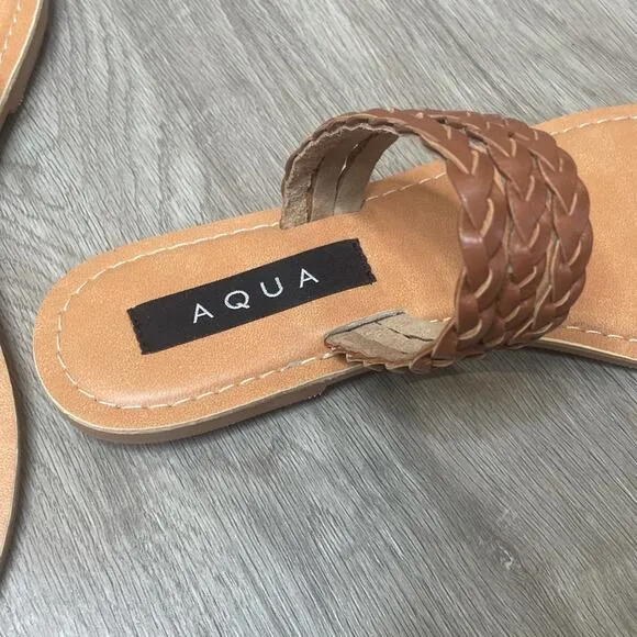 AQUA Women's Brown/Tan Leather Toe Ring Braided Straps Flat Slay Sandals sz 8