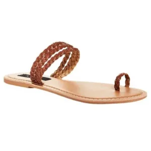 AQUA Women's Brown/Tan Leather Toe Ring Braided Straps Flat Slay Sandals sz 8