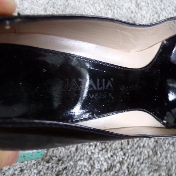Aquatalia black patent leather peep toe wedges 6