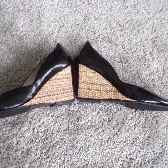 Aquatalia black patent leather peep toe wedges 6