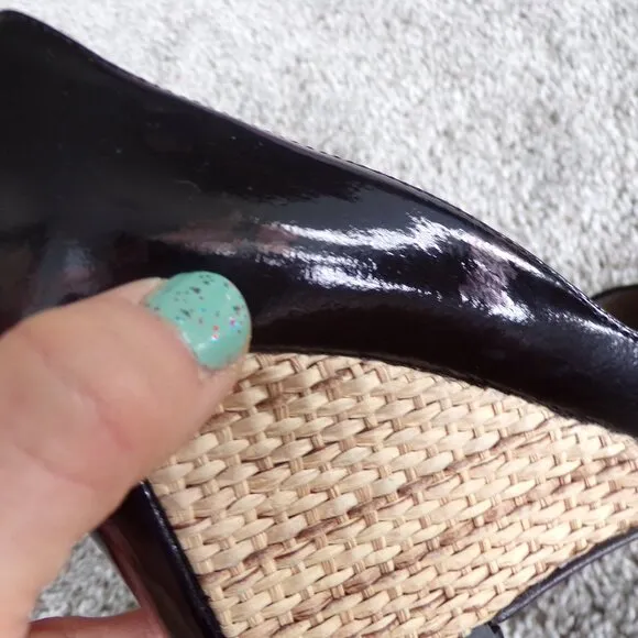 Aquatalia black patent leather peep toe wedges 6