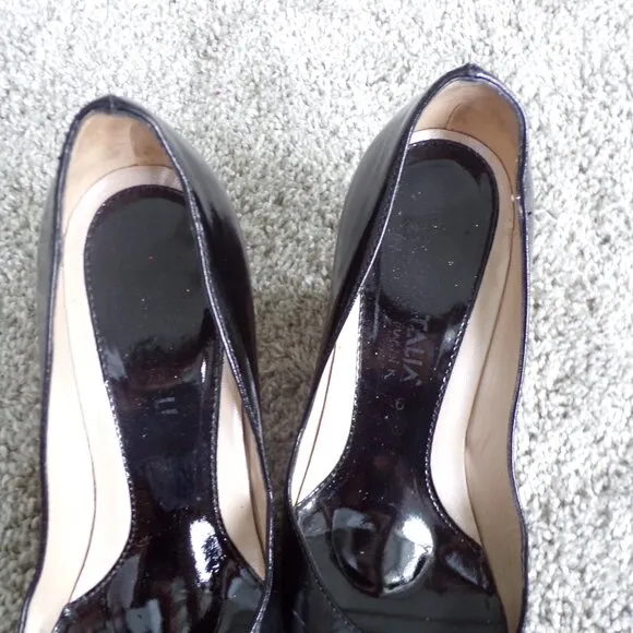Aquatalia black patent leather peep toe wedges 6