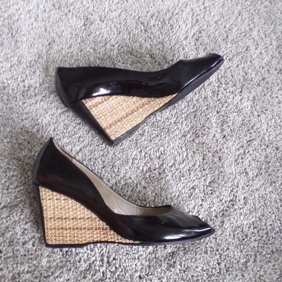 Aquatalia black patent leather peep toe wedges 6