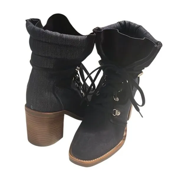 Aquatalia Blue Suede Denim Lace Up Italian Ankle Boots Size 7