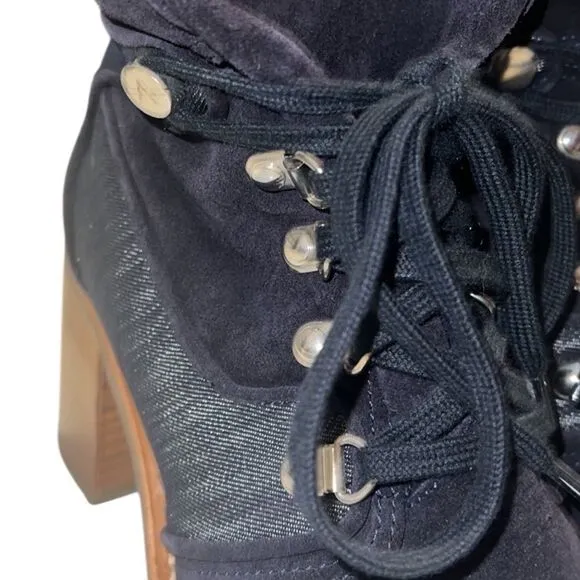 Aquatalia Blue Suede Denim Lace Up Italian Ankle Boots Size 7
