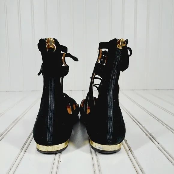 Aquazzura Black Suede Dancer Zip Back Lace Up Ballet Flats B591