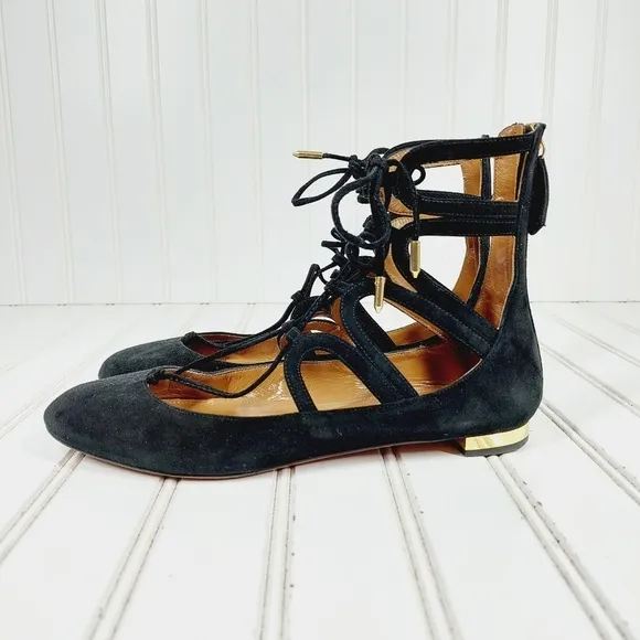 Aquazzura Black Suede Dancer Zip Back Lace Up Ballet Flats B591