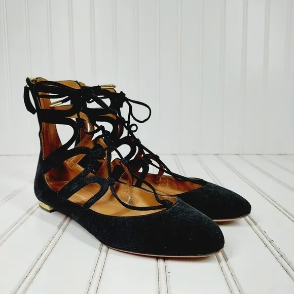 Aquazzura Black Suede Dancer Zip Back Lace Up Ballet Flats B591
