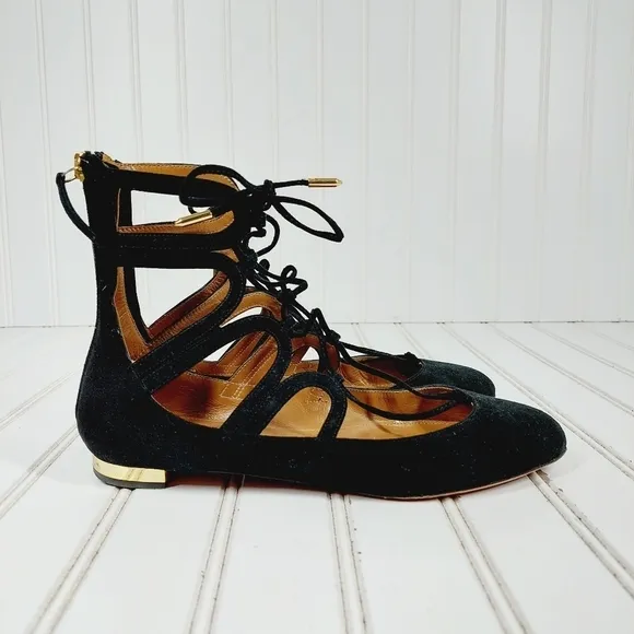 Aquazzura Black Suede Dancer Zip Back Lace Up Ballet Flats B591