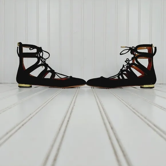 Aquazzura Black Suede Dancer Zip Back Lace Up Ballet Flats B591