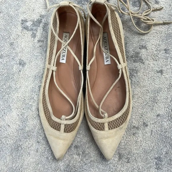 Aquazzura Dalia Pointed Toe Wrap Around Ballet Flats Cream Suede Mesh Sz 37