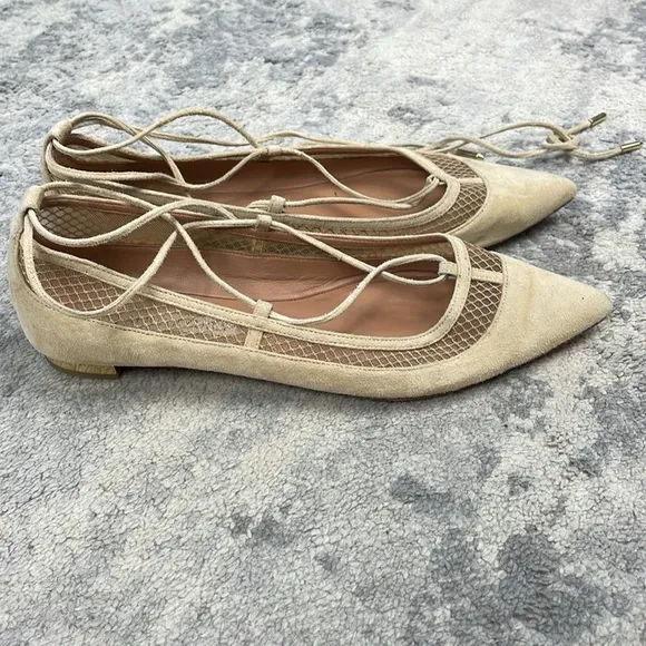 Aquazzura Dalia Pointed Toe Wrap Around Ballet Flats Cream Suede Mesh Sz 37