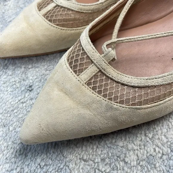 Aquazzura Dalia Pointed Toe Wrap Around Ballet Flats Cream Suede Mesh Sz 37