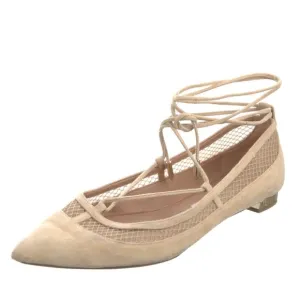 Aquazzura Dalia Pointed Toe Wrap Around Ballet Flats Cream Suede Mesh Sz 37