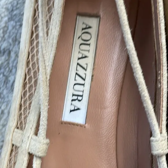 Aquazzura Dalia Pointed Toe Wrap Around Ballet Flats Cream Suede Mesh Sz 37
