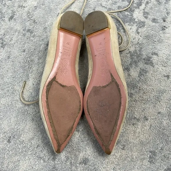 Aquazzura Dalia Pointed Toe Wrap Around Ballet Flats Cream Suede Mesh Sz 37