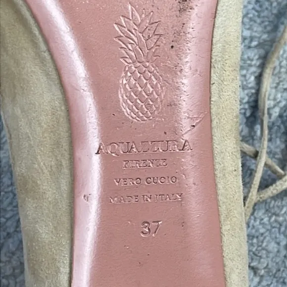 Aquazzura Dalia Pointed Toe Wrap Around Ballet Flats Cream Suede Mesh Sz 37