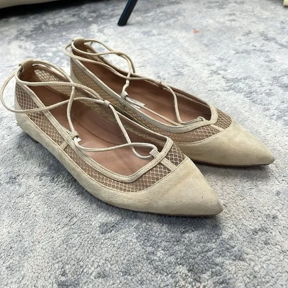 Aquazzura Dalia Pointed Toe Wrap Around Ballet Flats Cream Suede Mesh Sz 37
