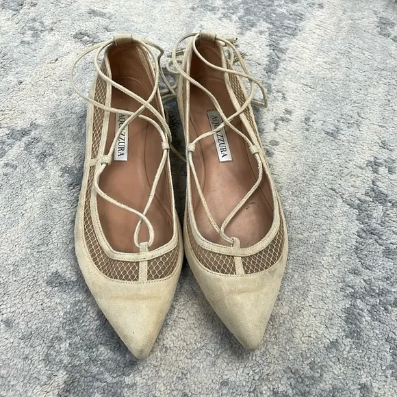 Aquazzura Dalia Pointed Toe Wrap Around Ballet Flats Cream Suede Mesh Sz 37