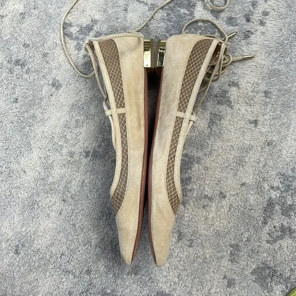 Aquazzura Dalia Pointed Toe Wrap Around Ballet Flats Cream Suede Mesh Sz 37