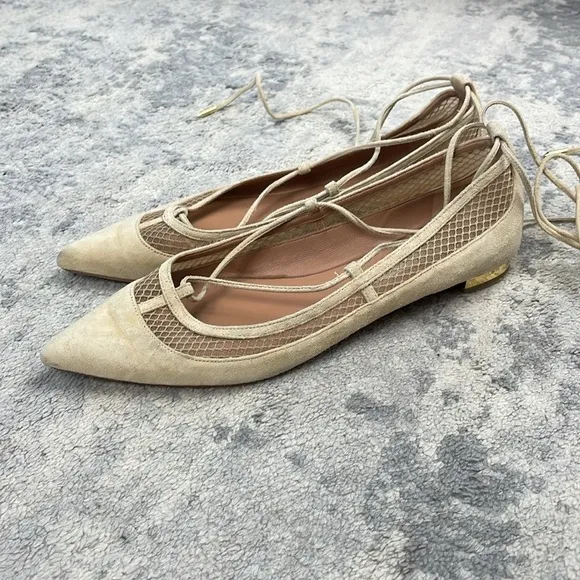Aquazzura Dalia Pointed Toe Wrap Around Ballet Flats Cream Suede Mesh Sz 37