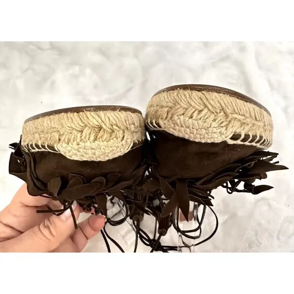AQUAZZURA Pocahontas Fringe Suede Lace Up Espadrille Flats Brown Sz 37/US 7 $715