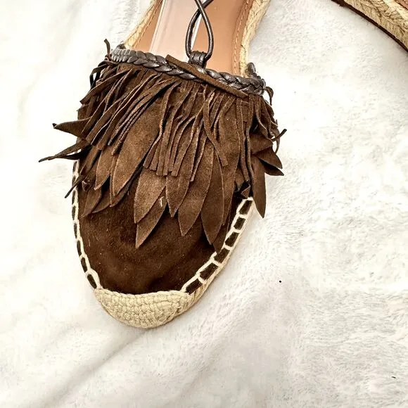 AQUAZZURA Pocahontas Fringe Suede Lace Up Espadrille Flats Brown Sz 37/US 7 $715
