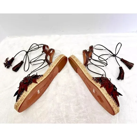AQUAZZURA Pocahontas Fringe Suede Lace Up Espadrille Flats Brown Sz 37/US 7 $715