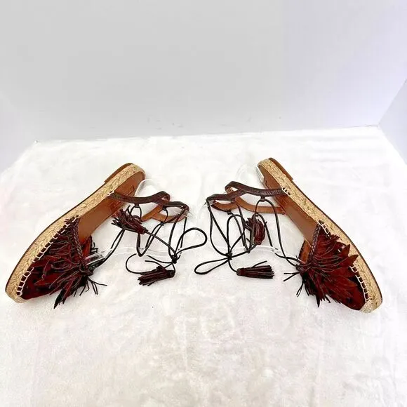 AQUAZZURA Pocahontas Fringe Suede Lace Up Espadrille Flats Brown Sz 37/US 7 $715