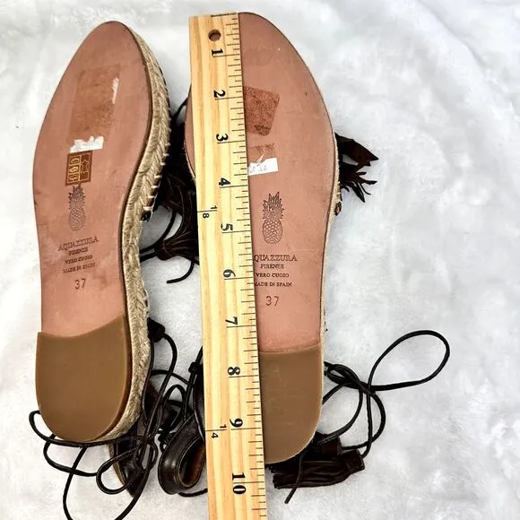 AQUAZZURA Pocahontas Fringe Suede Lace Up Espadrille Flats Brown Sz 37/US 7 $715