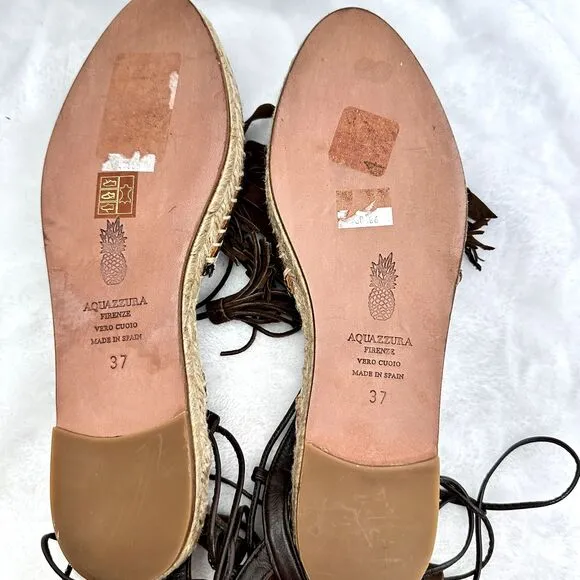 AQUAZZURA Pocahontas Fringe Suede Lace Up Espadrille Flats Brown Sz 37/US 7 $715