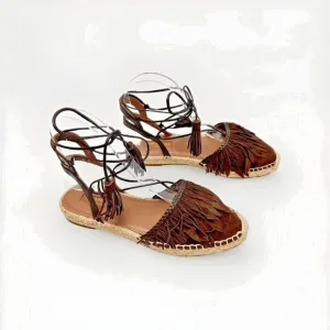 AQUAZZURA Pocahontas Fringe Suede Lace Up Espadrille Flats Brown Sz 37/US 7 $715