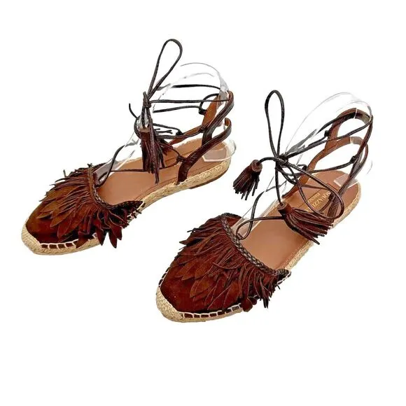 AQUAZZURA Pocahontas Fringe Suede Lace Up Espadrille Flats Brown Sz 37/US 7 $715