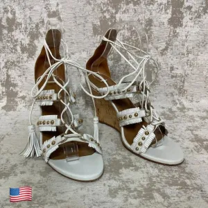 Aquazzura Tulum White Fringe &amp; Stud Wedge Sandals