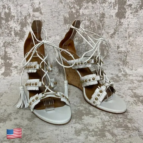 Aquazzura Tulum White Fringe &amp; Stud Wedge Sandals