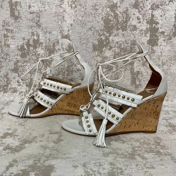 Aquazzura Tulum White Fringe &amp; Stud Wedge Sandals