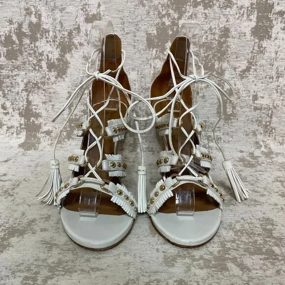 Aquazzura Tulum White Fringe &amp; Stud Wedge Sandals