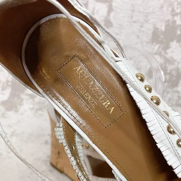 Aquazzura Tulum White Fringe &amp; Stud Wedge Sandals