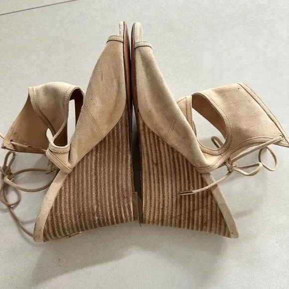 Aquazzura Women's Suede Ankle Tie Wedge Heels Shoes Size 39 Tan