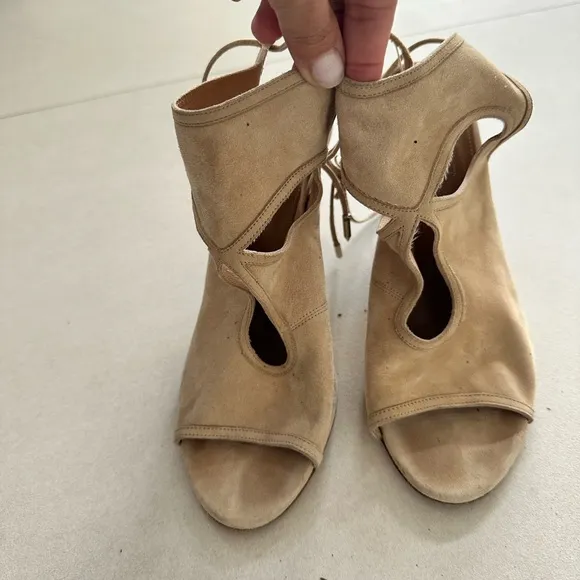 Aquazzura Women's Suede Ankle Tie Wedge Heels Shoes Size 39 Tan