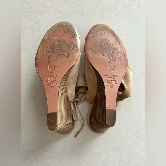 Aquazzura Women's Suede Ankle Tie Wedge Heels Shoes Size 39 Tan
